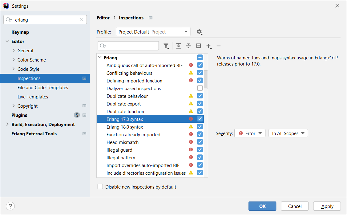 Erlang Inspection Settings