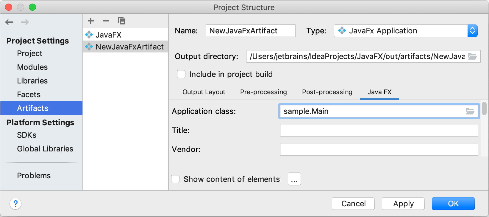 Creating a new artifact configuration: specifying the main class