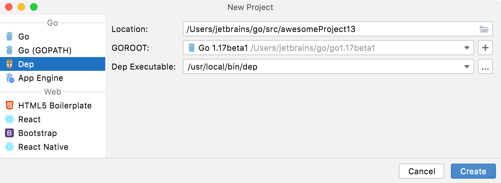 Create a project with Dep integration