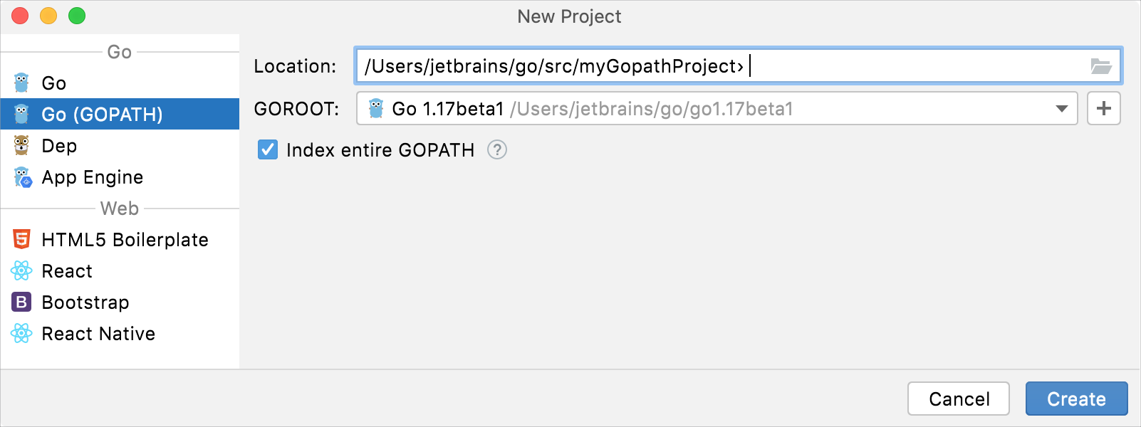 Create a project with Go (GOPATH) integration