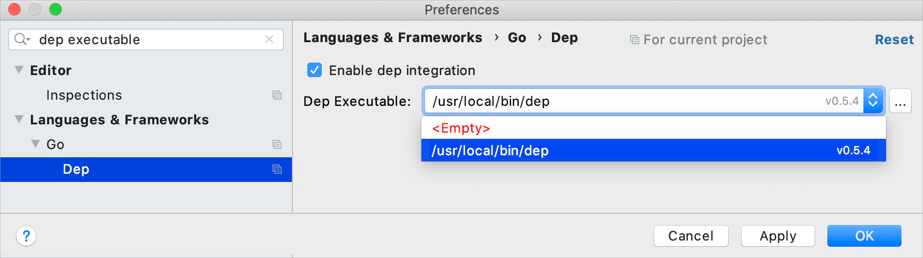 Specify the Dep executable for an existing Dep project