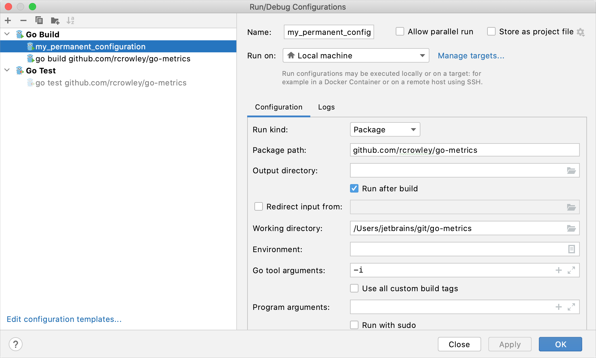 Permanent and temporary configurations have different icons