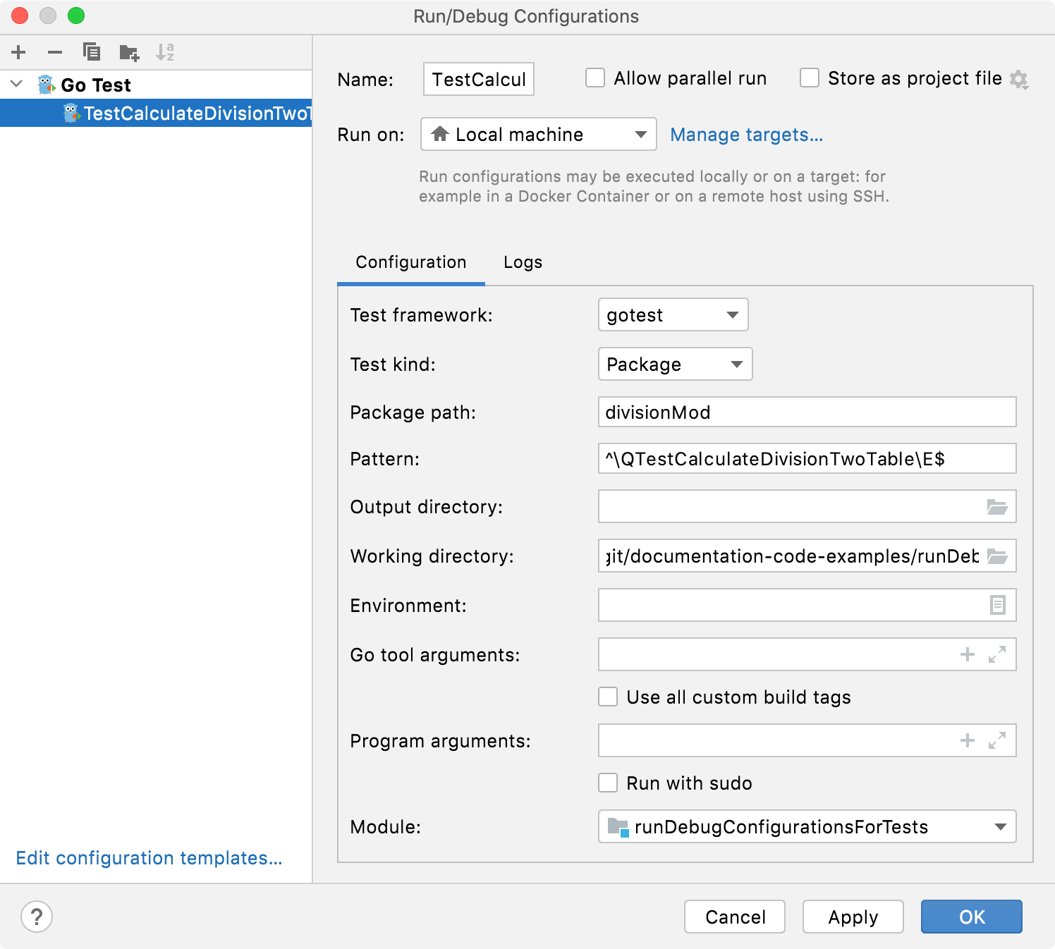 Run/Debug Configuration for Go Test