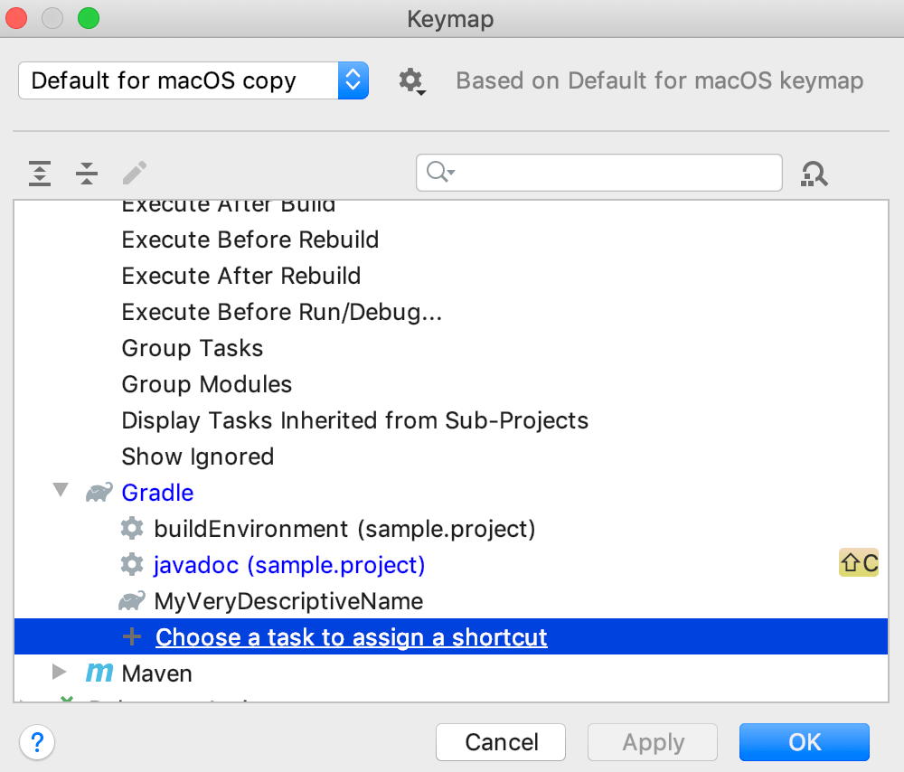 Keymap dialog: Choose a task to assign a shortcut