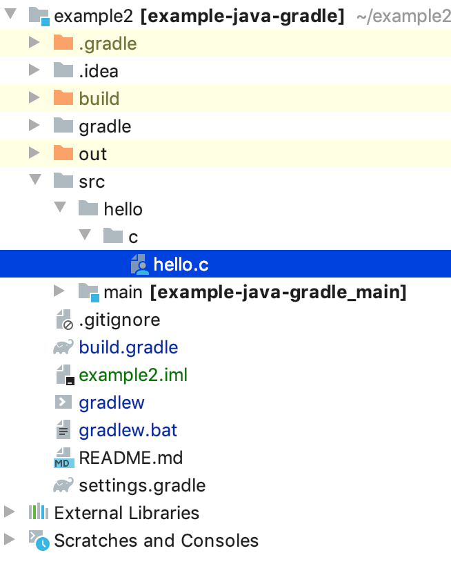 Project tool window, hello.c file