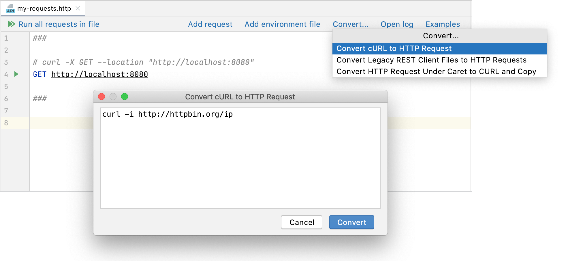 The Convert cURL to HTTP Request dialog