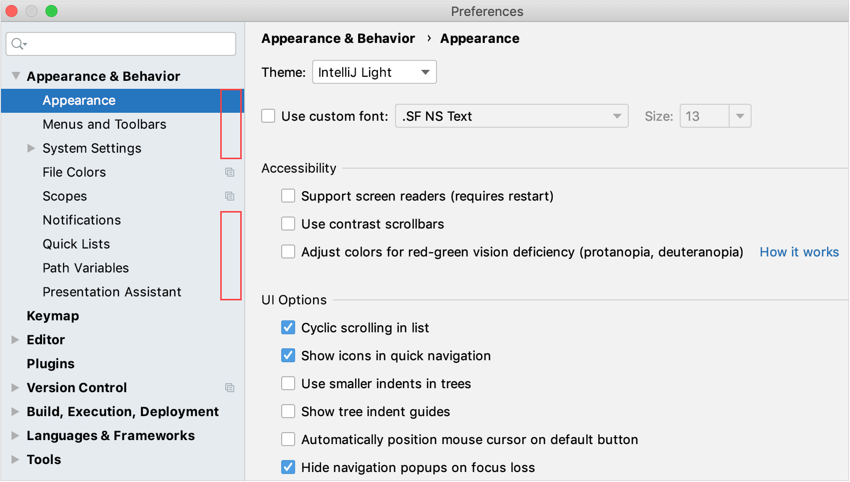 Global settings marked in the Settings/Preferences dialog