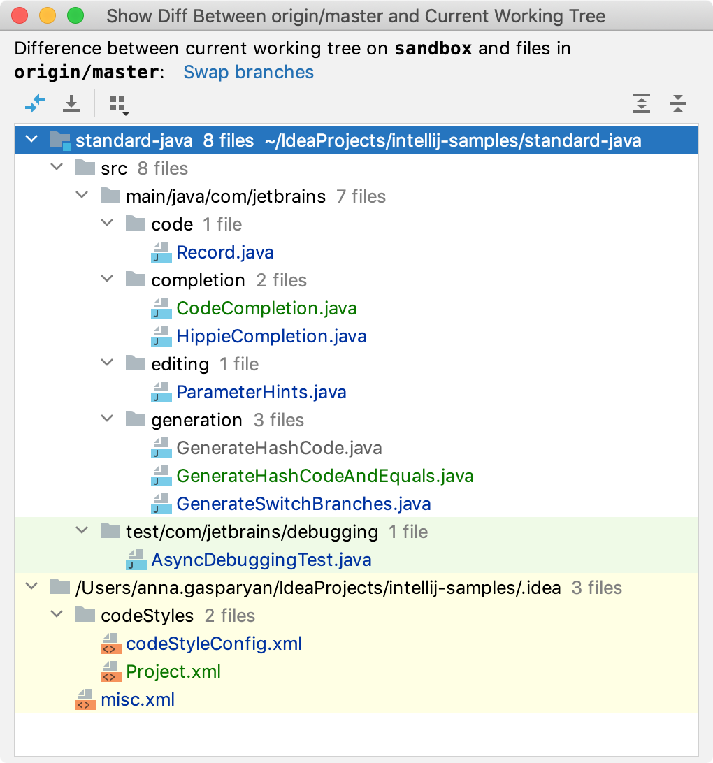 Show diff between selected branch and current working tree