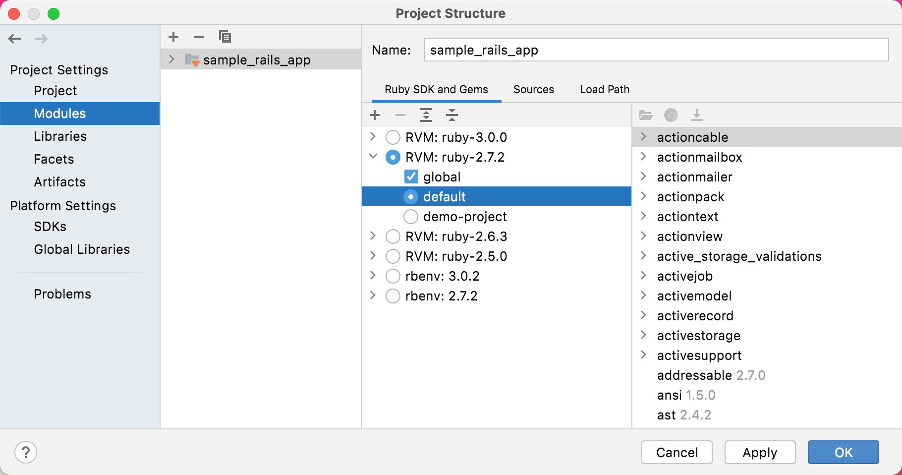 rubymine ide ruby sdk and gems option default and global meaning