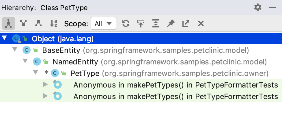 Class hierarchy shown in the Hierarchy Tool Window