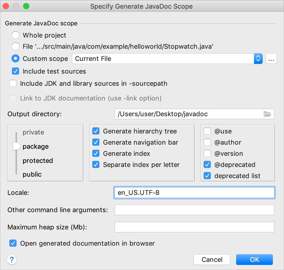 Javadoc reference generation dialog