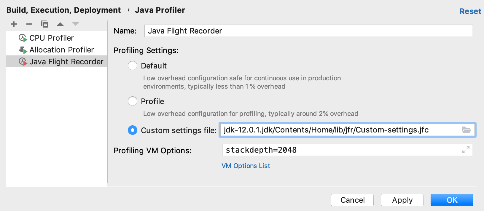 Uploading custom settings to JFR