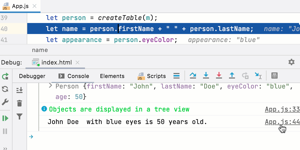 JavaScript 交互式调试器控制台：导航到源代码