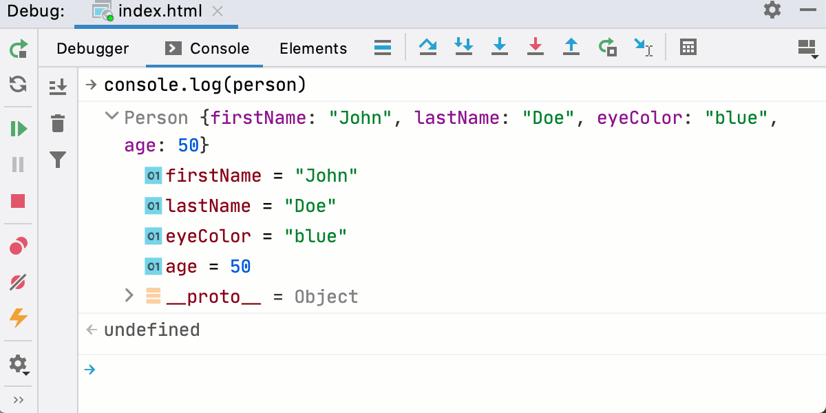 JavaScript 交互式调试器控制台在树视图中显示对象