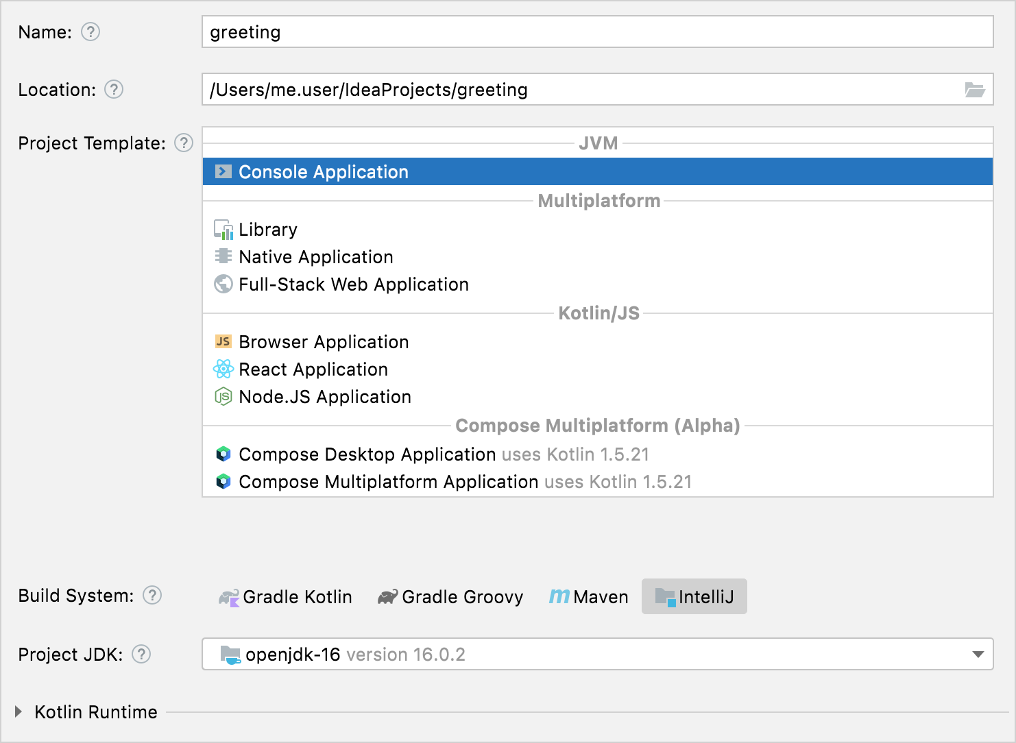 New Kotlin project with the IntelliJ build system