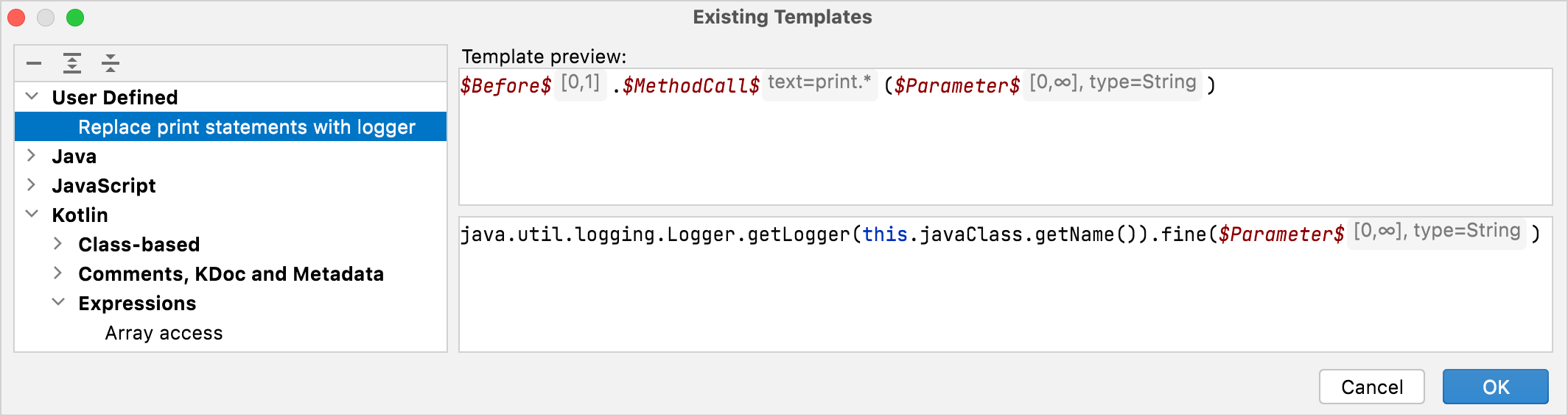 The list of user-defined templates