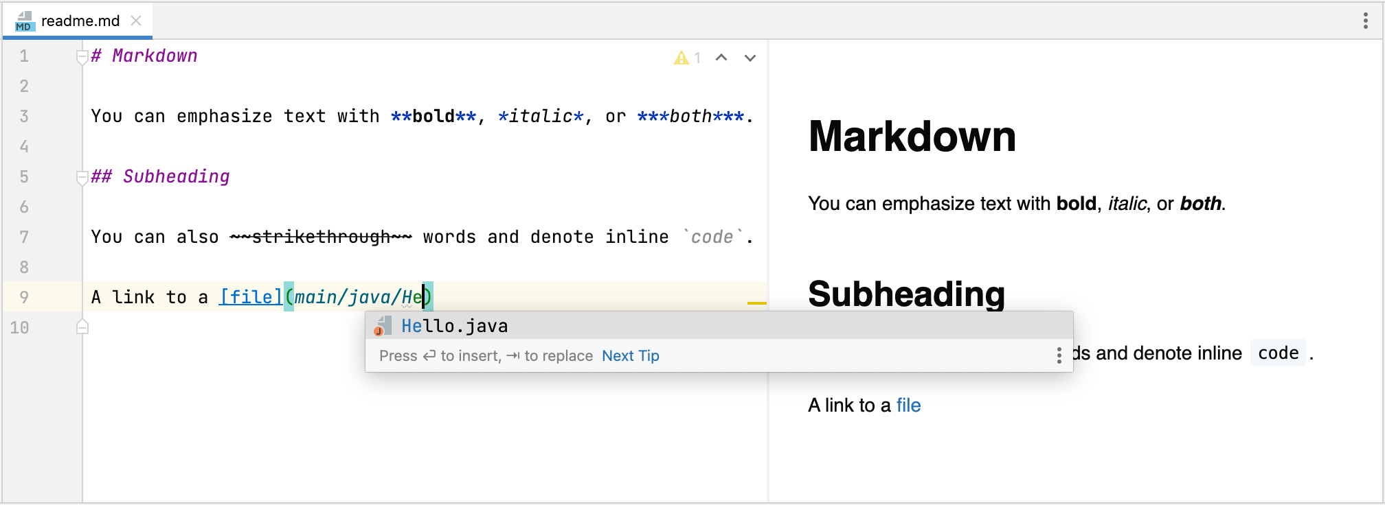 Markdown editor completion popup