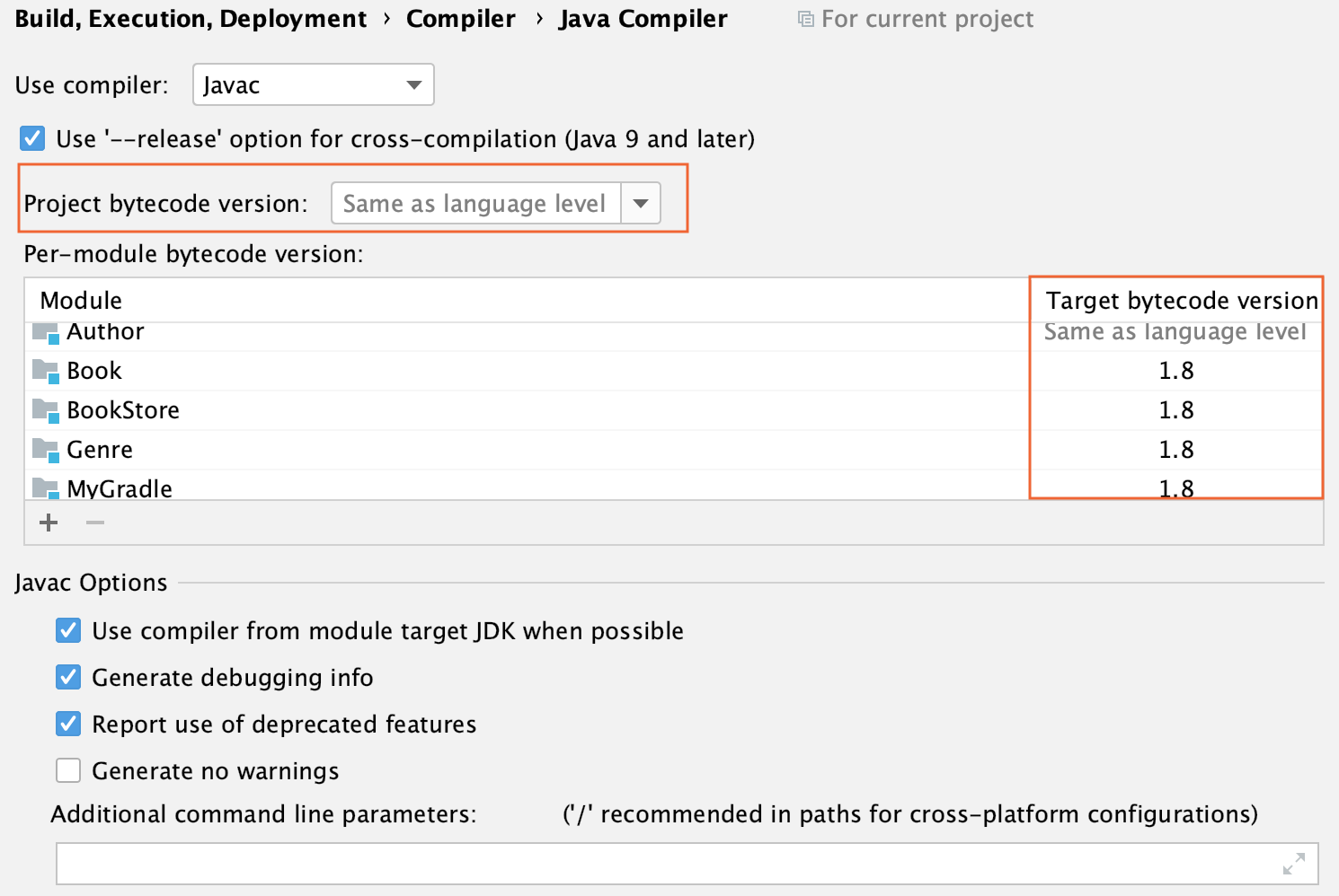 the Java compiler settings