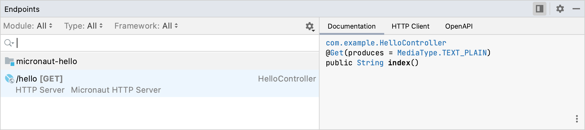 The Endpoints tool window with the sample /hello endpoint