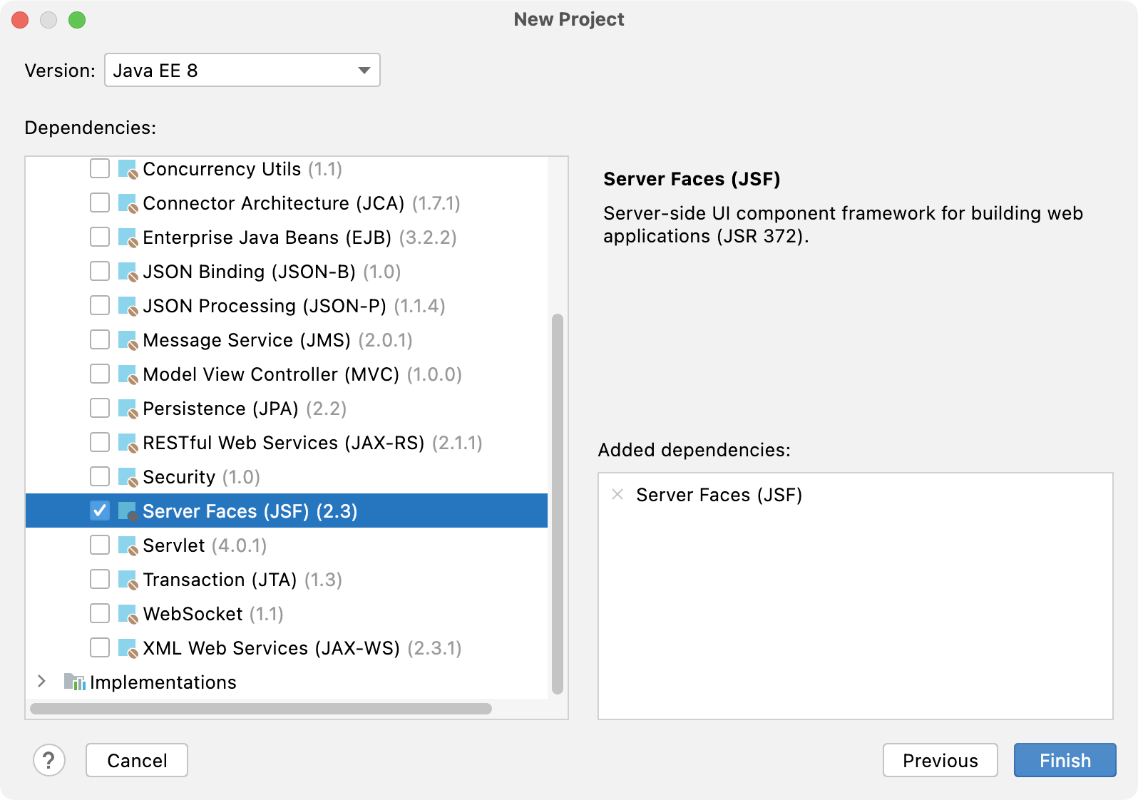 Creating new project with JSF support