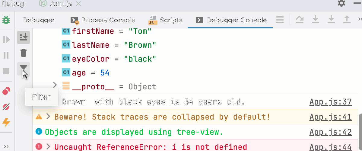 Node.js interactive debugger console: filtering out messages by type