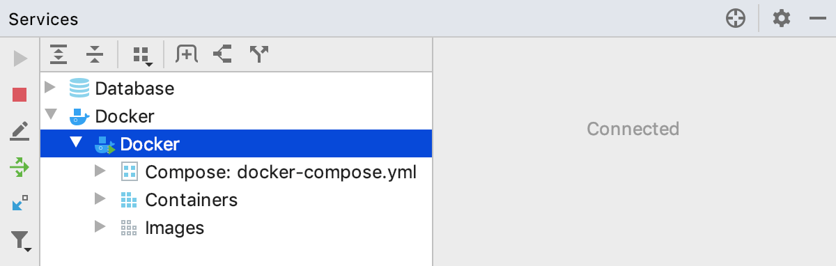 The Services tool window, connected to Docker