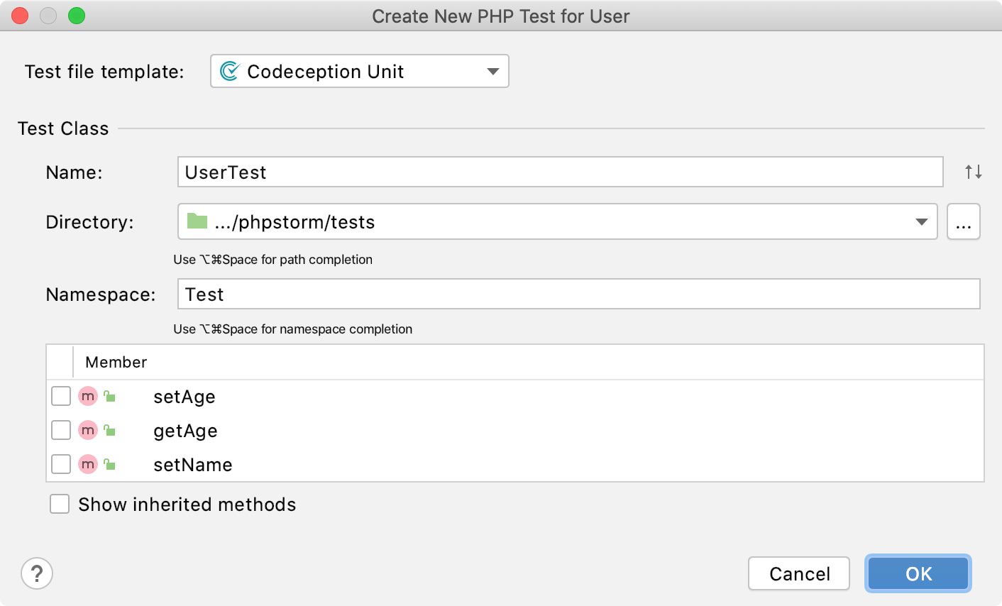 Create new codeception test 对话框