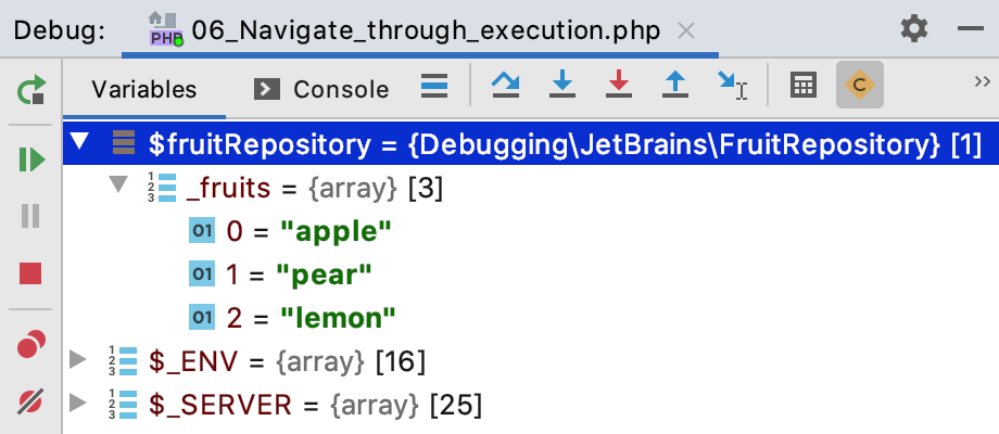 The Variables tab shows you the variables visible from the current execution point