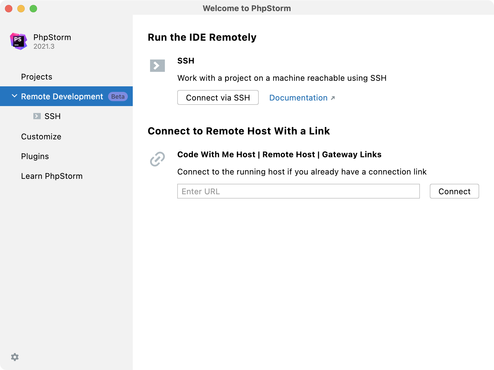 Configuring remote development settings on Welcome screen