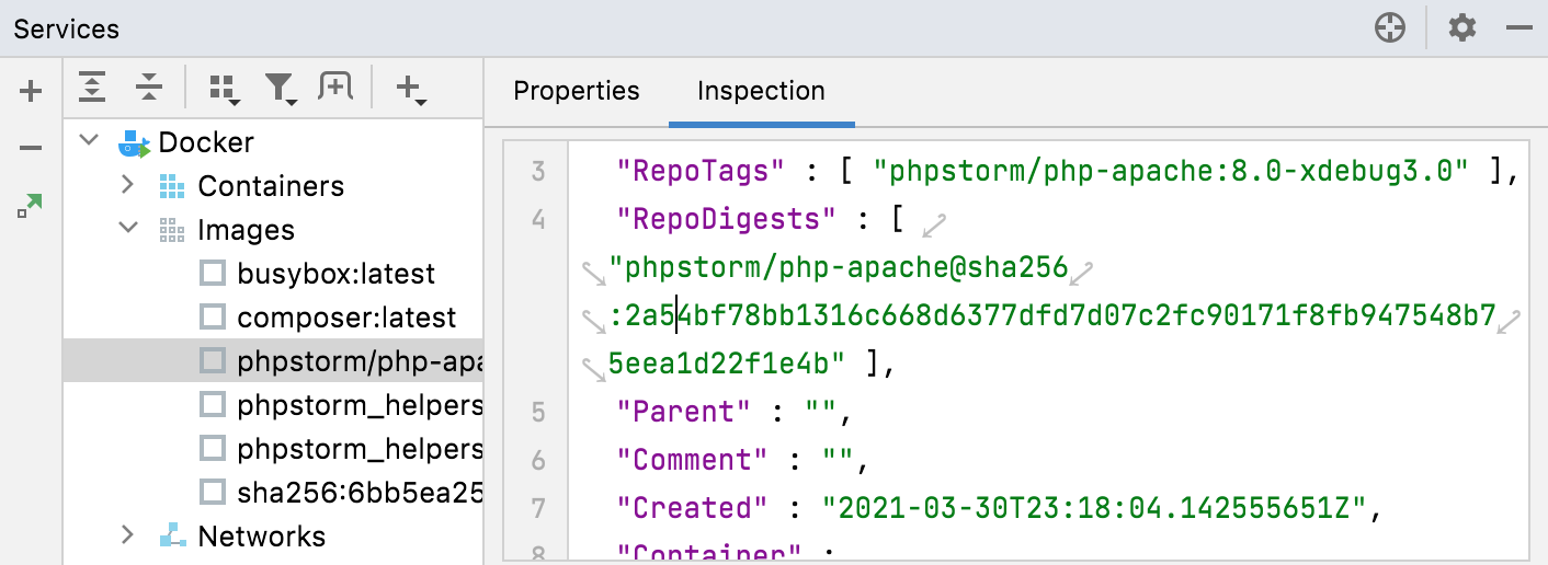 Docker image Inspection tab