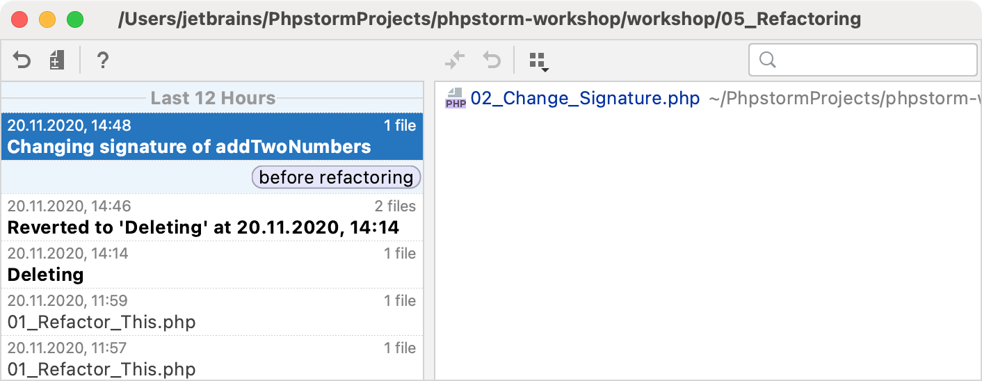 PhpStorm：将标签添加到当前状态本地历史记录