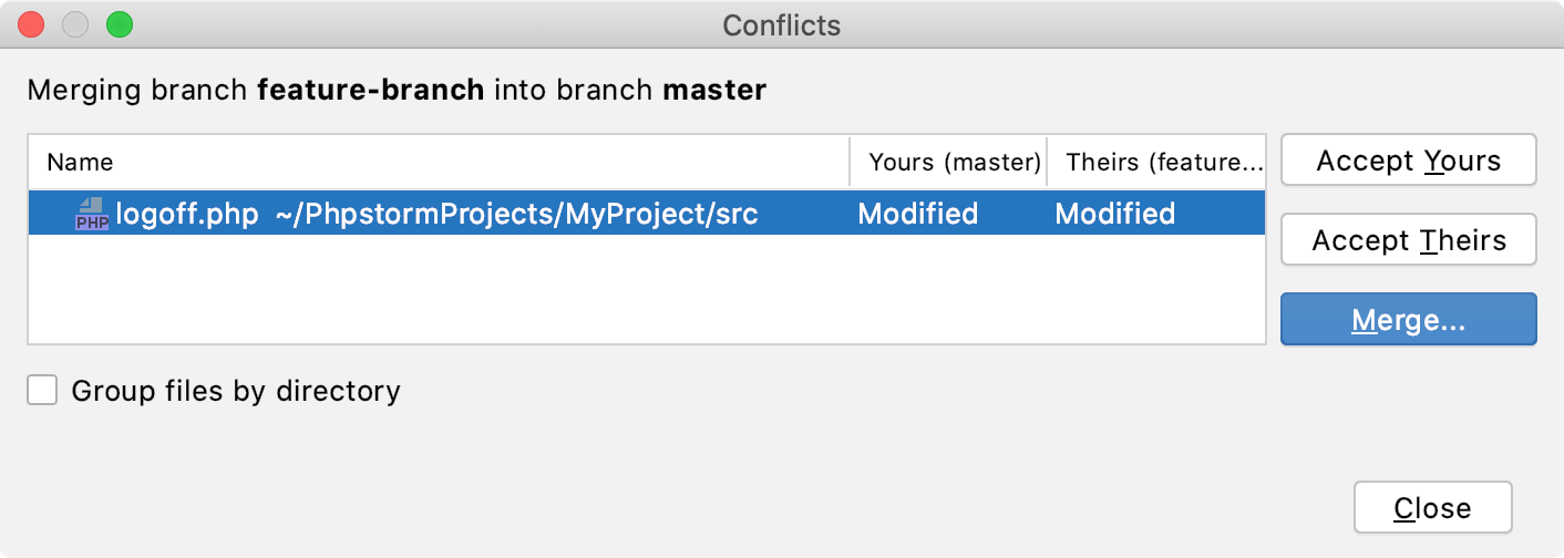 PhpStorm: VCS operation conflicts dialog