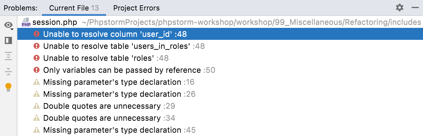 PhpStorm：问题工具窗口。 当前文件选项卡