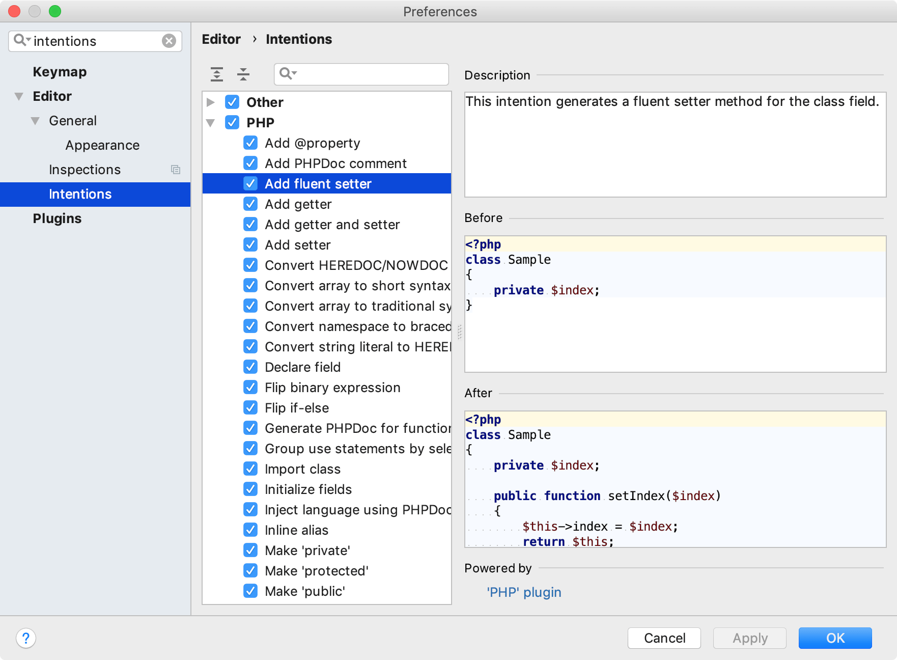 Settings of intention actions