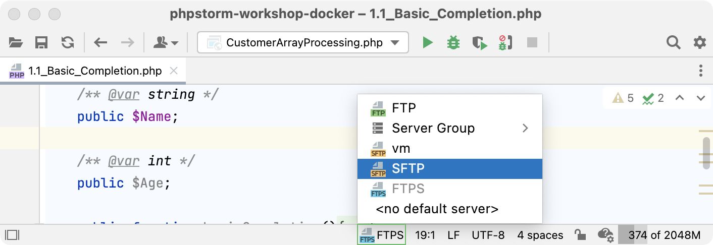 在 PhpStorm 状态栏中选择默认部署服务器