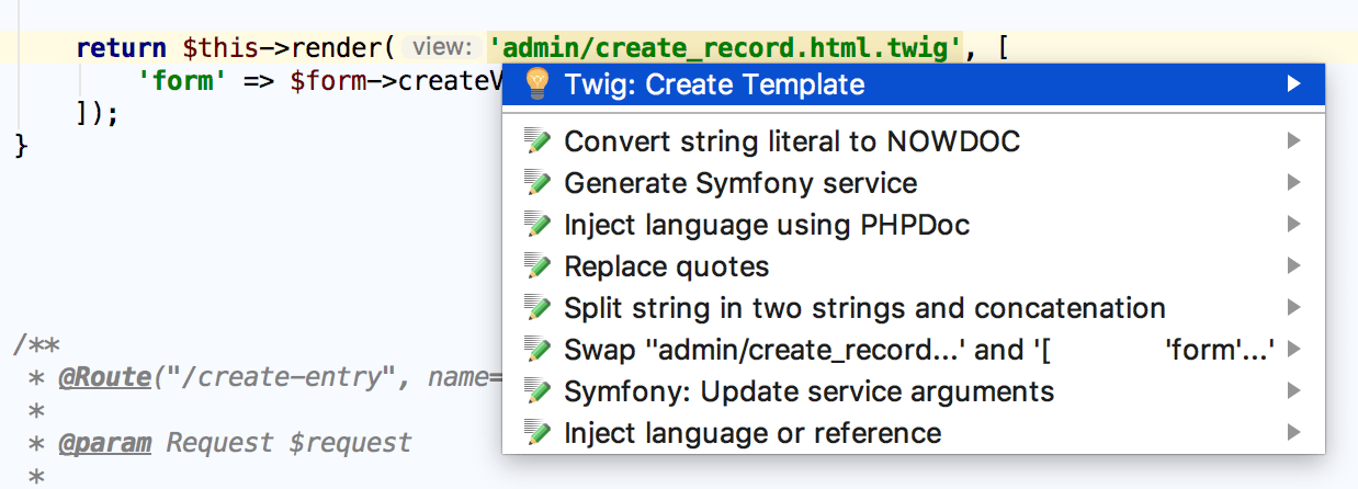 通过意图操作创建 Symfony 模板