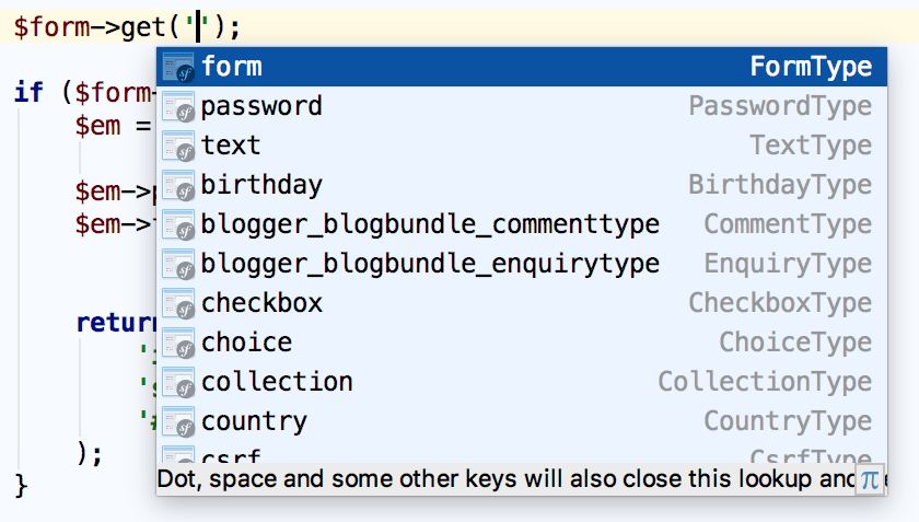 Symfony form field name completion