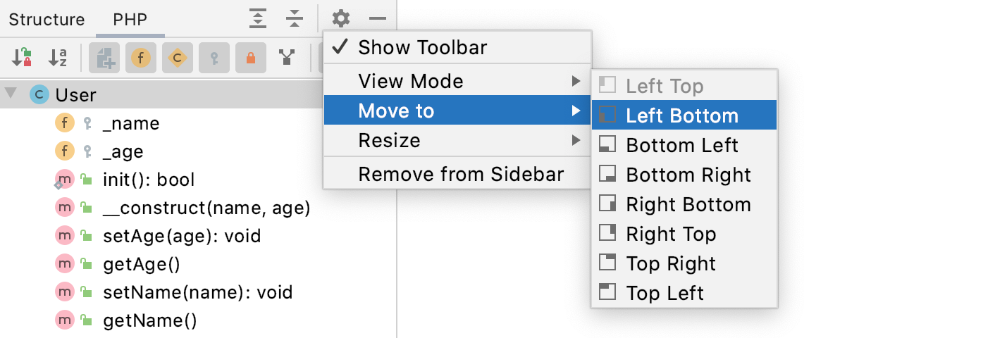 Tool window options menu: Move to