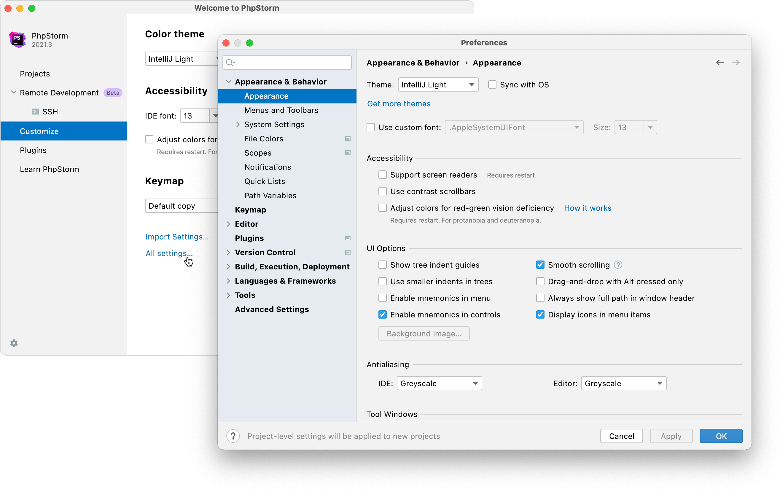 Configuring new default settings for projects