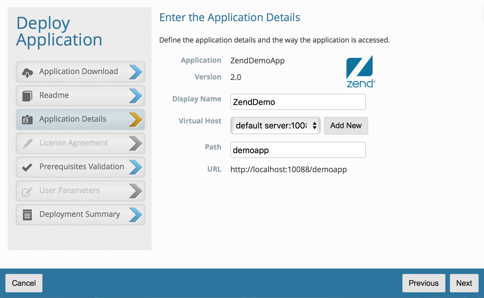 输入 Zend 演示应用详细信息