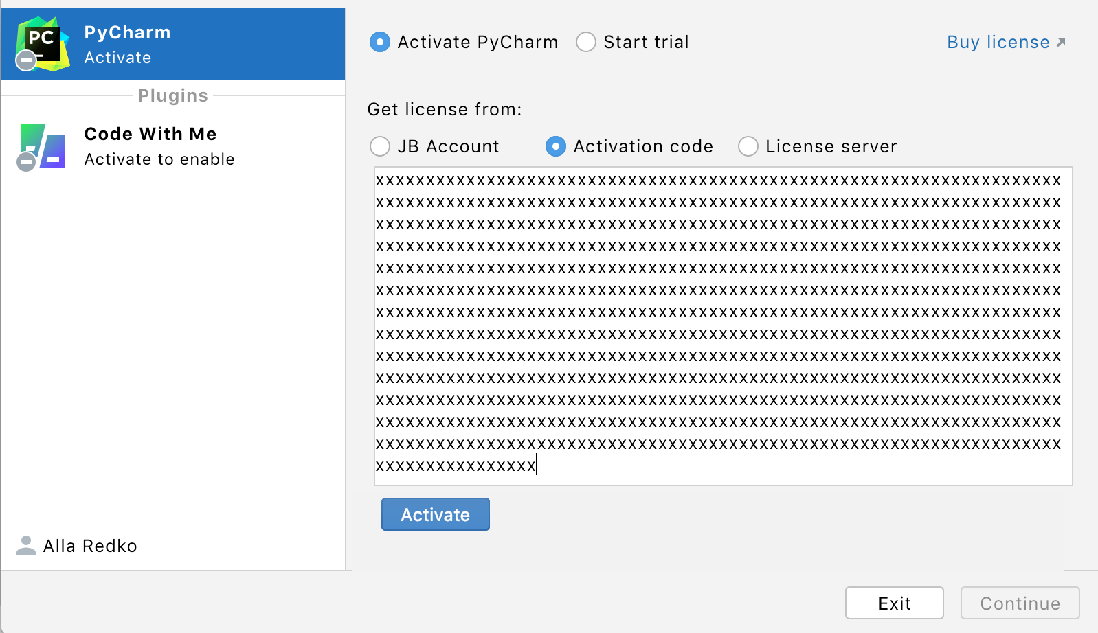 Activate PyCharm license with an activation code