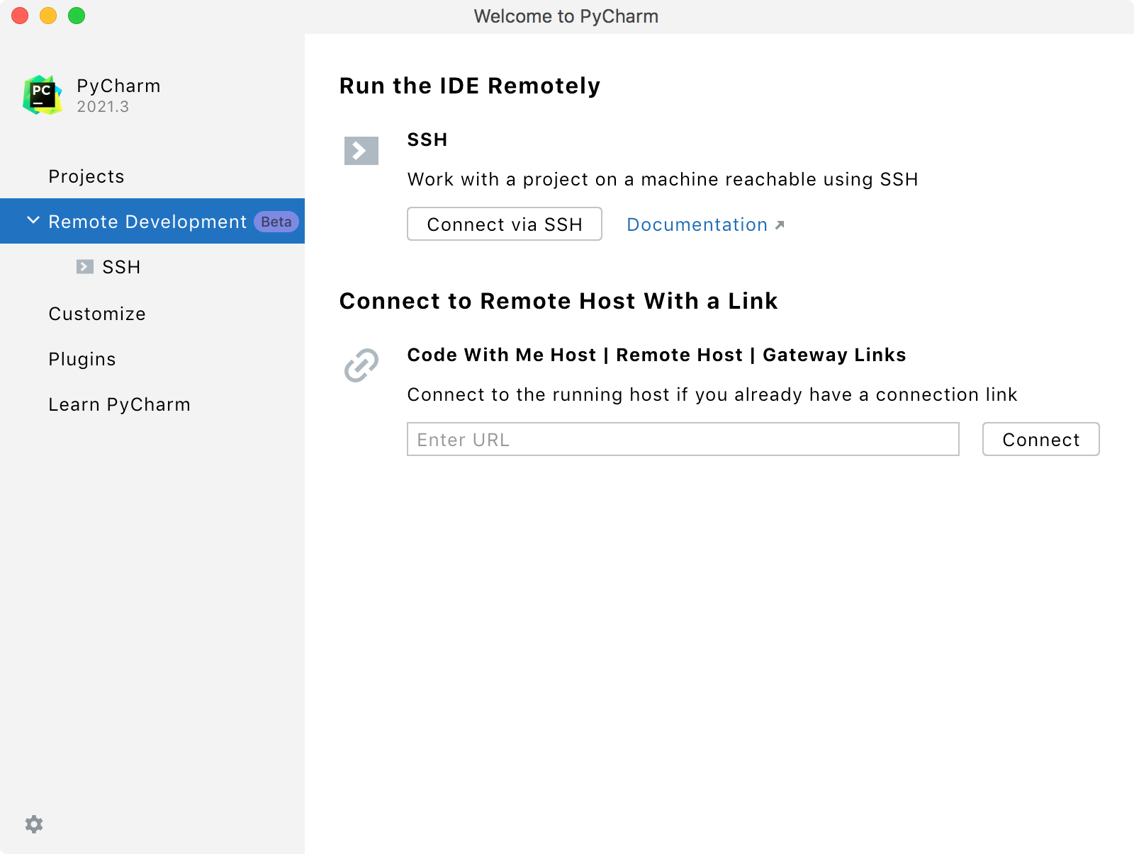 Configuring remote development settings on Welcome screen