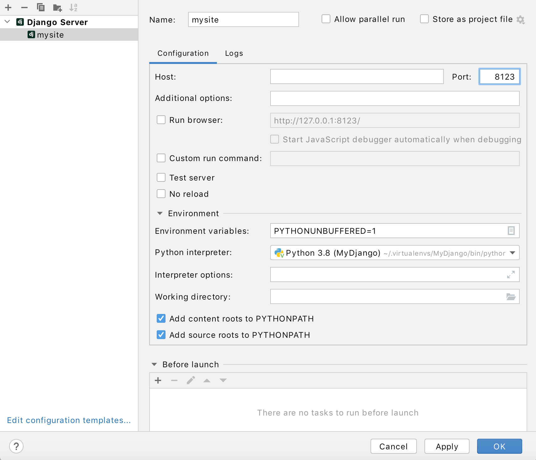 Run/Debug configuration for a Django server