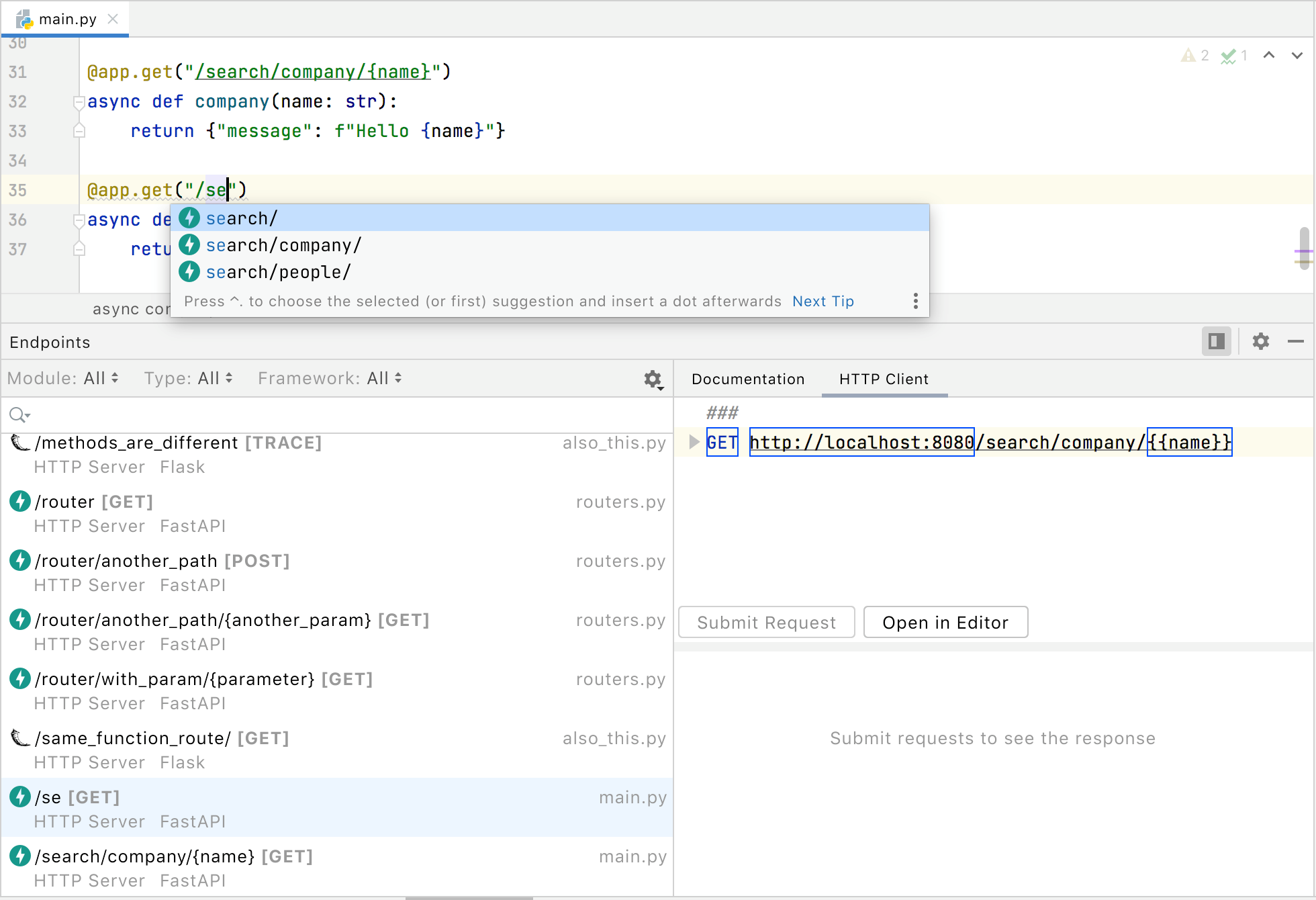 FastAPI and Flask endpoints; code completion for the @app methods