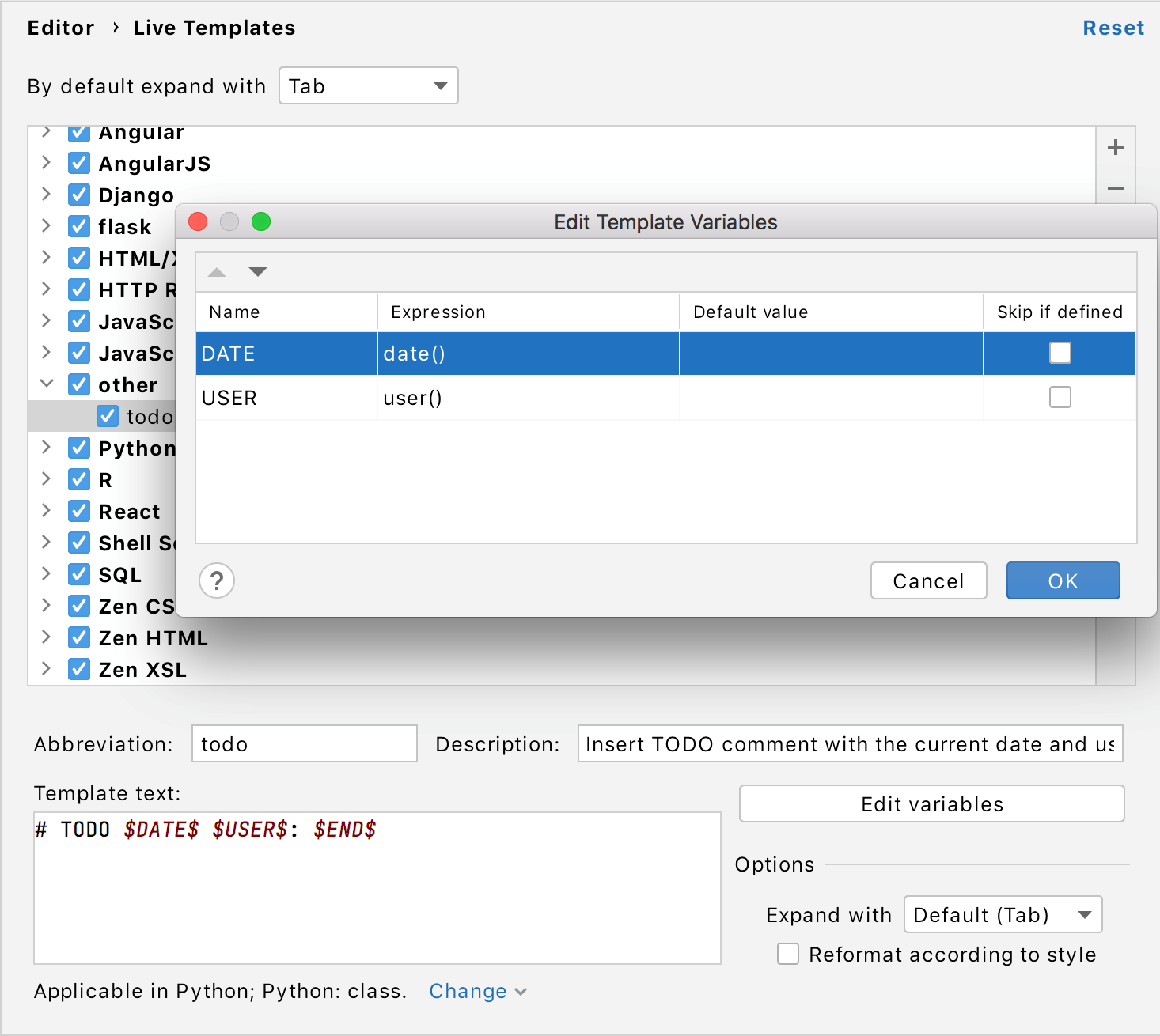 Editing template variables