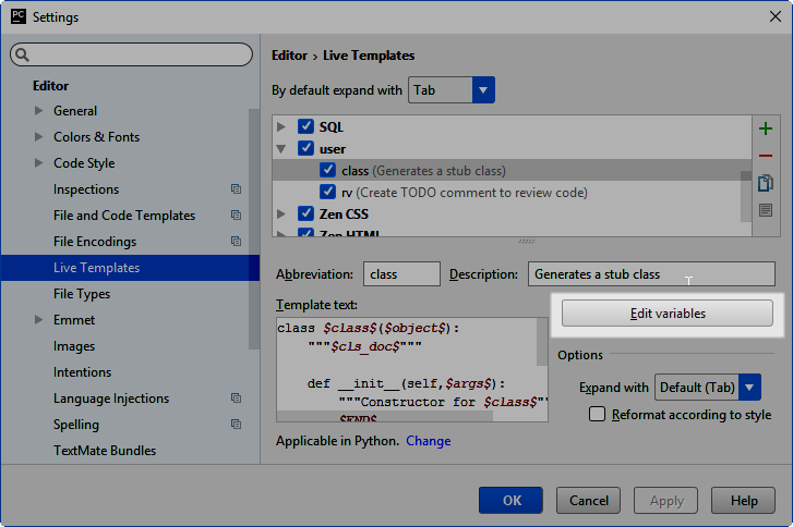 Template settings