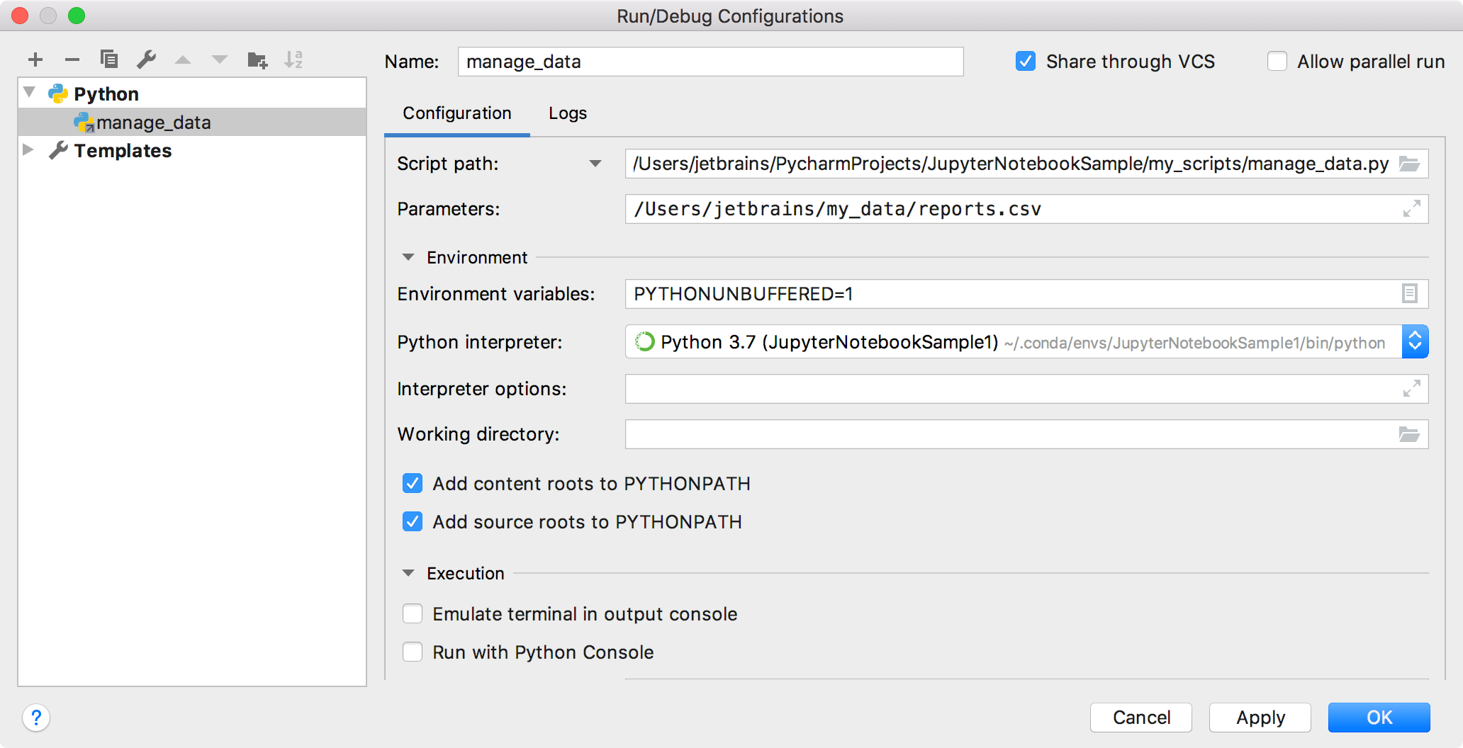 pycharm environment variables