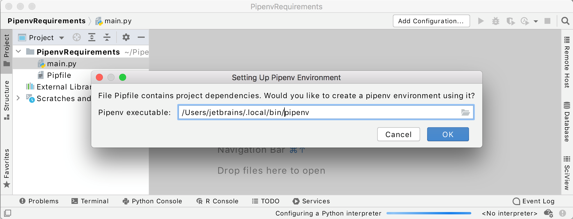 No python interpreter configured for the project. Pipenv.