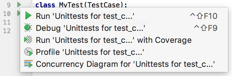 Running a test from the context menu