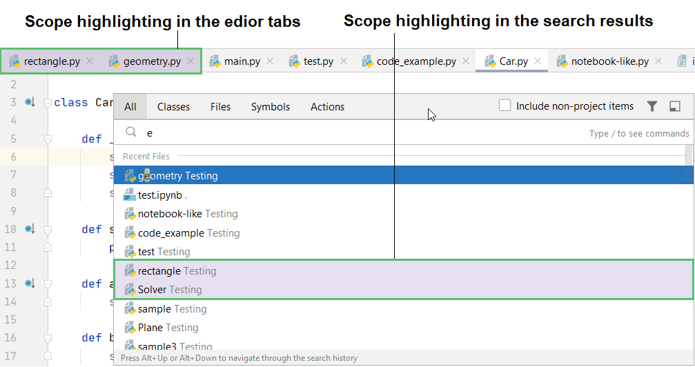 Scope highlighting in the editor tabs and search results